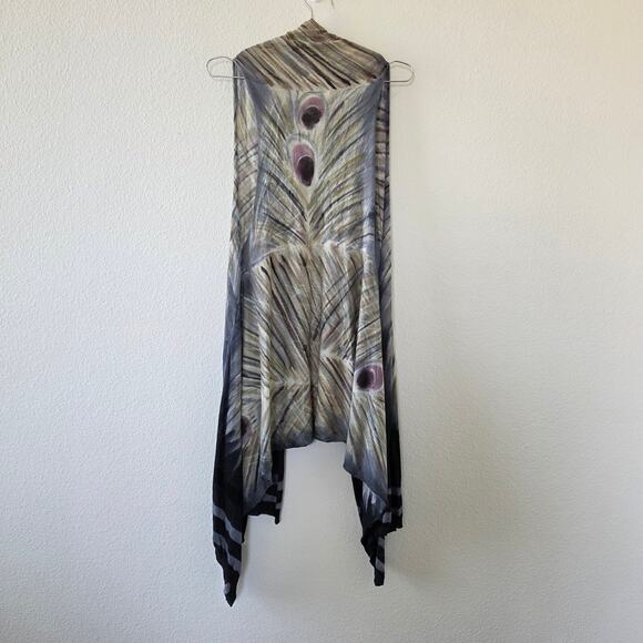 Adore Peacock Feather Print Open Front Vest Cardigan Waterfall Hem Women Size L - Picture 6 of 11